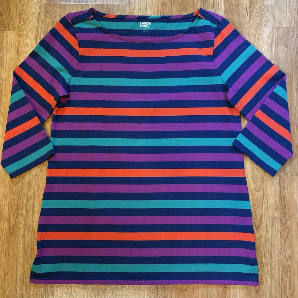 Lands' End Womens Striped Boatneck Top 3/4 Sleeve Multicolor Stripes Size S 6/8